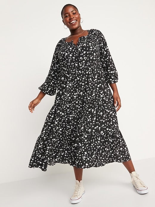 Gap + Long-Sleeve Floral-Print Tiered Midi Swing Dress