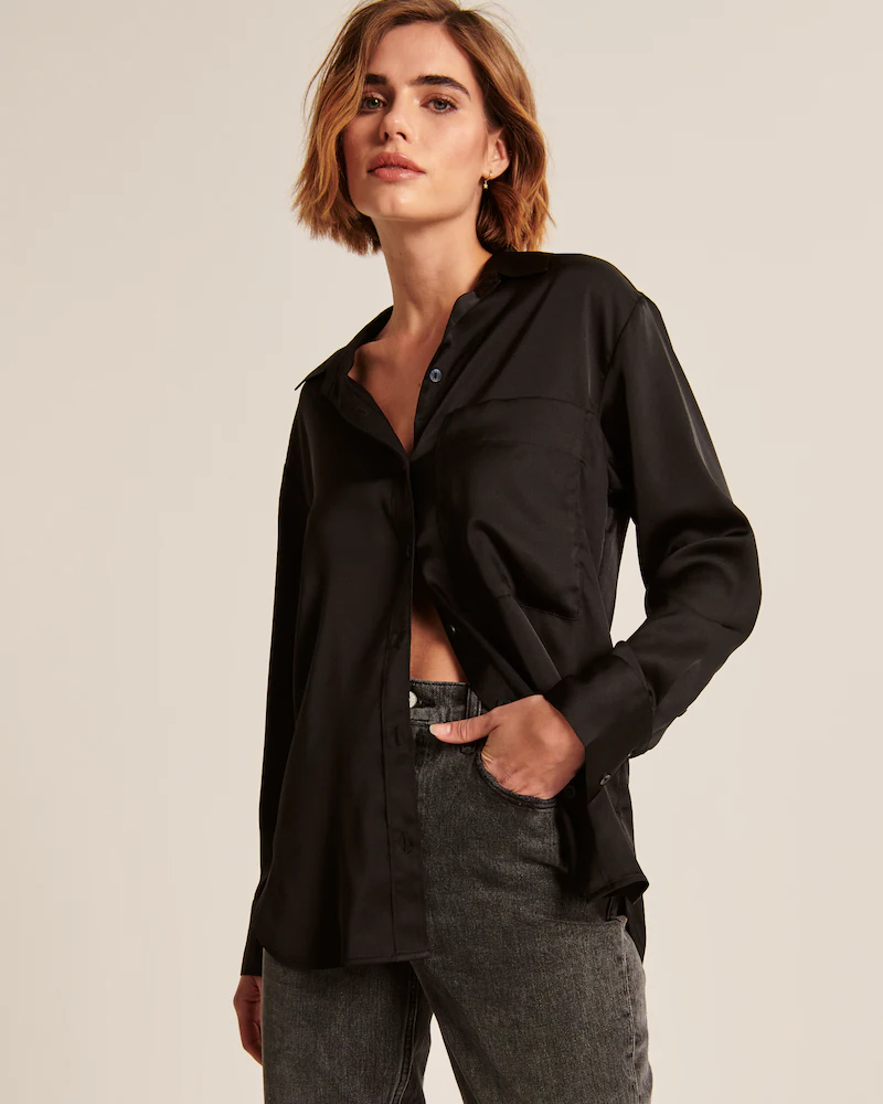 Abercrombie and Fitch + Oversized Satin Button-Up Shirt