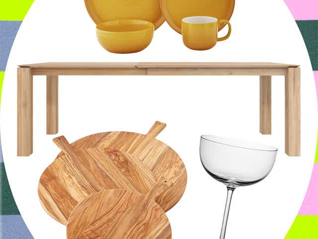A collage of flatware, wine glass, a table, and cheeeseboards against a graphic background.