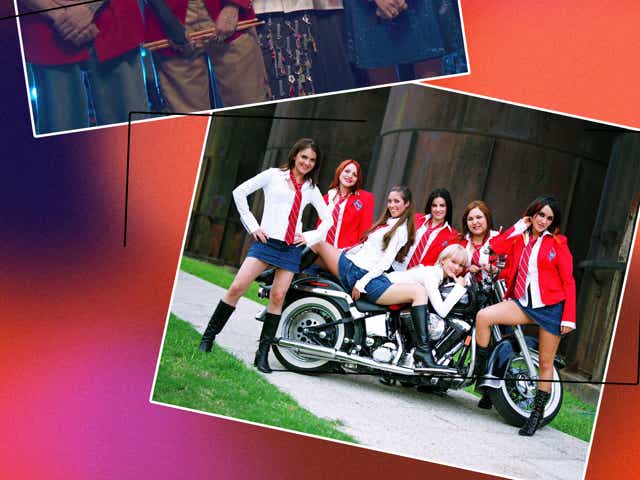 An image of the new cast of Rebelde and the 2004 cast of Rebelde on a colorful background