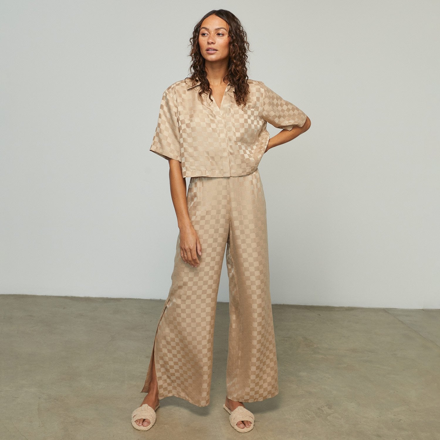 Lunya + Washable Silk Checkered Jacquard High Rise Pant Set