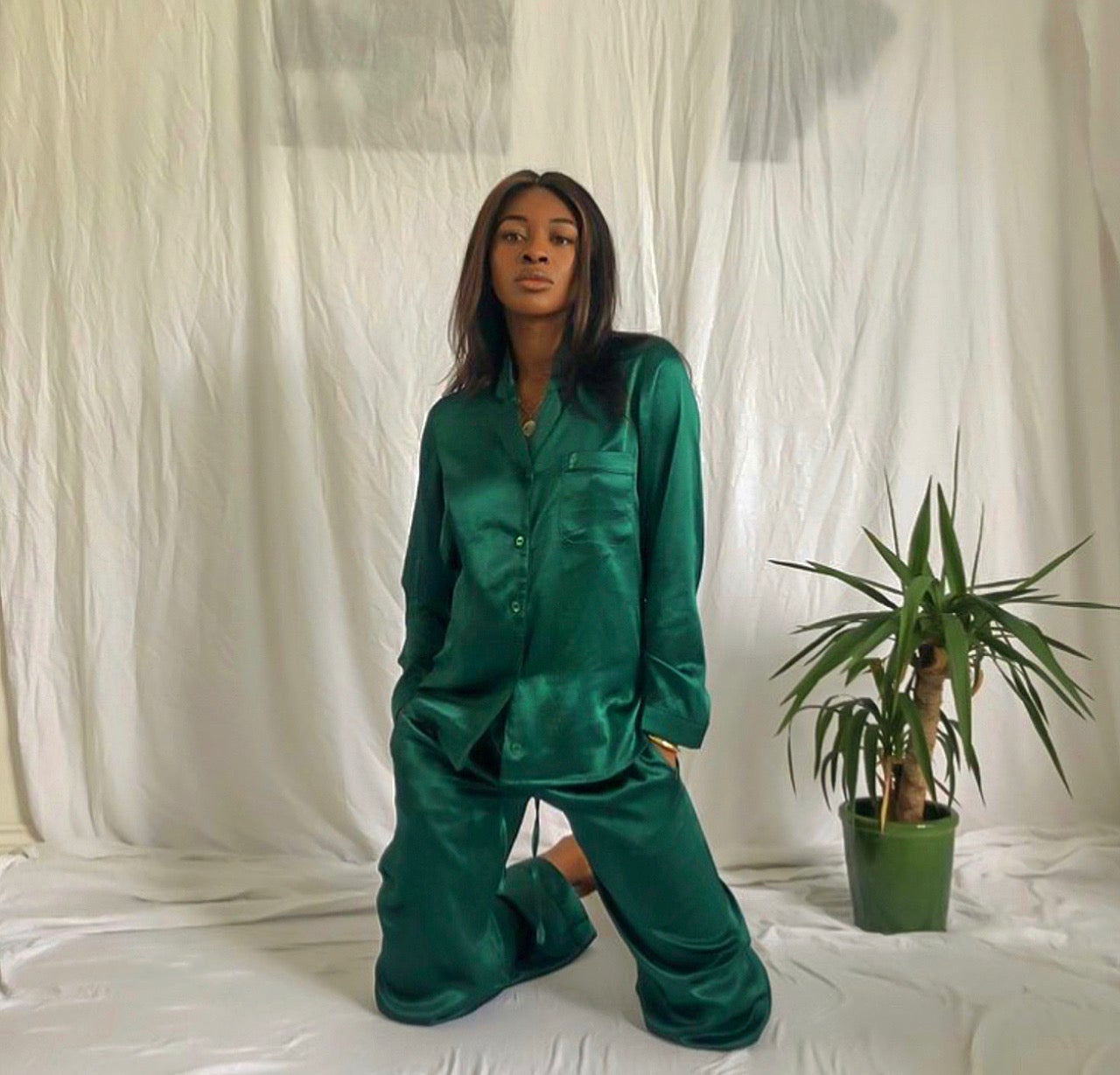Prayers & Plans + Maya Silk Pyjama Set Emerald Green