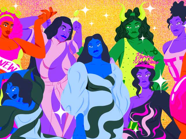 Horoscopes depicted as women celebrating NYE