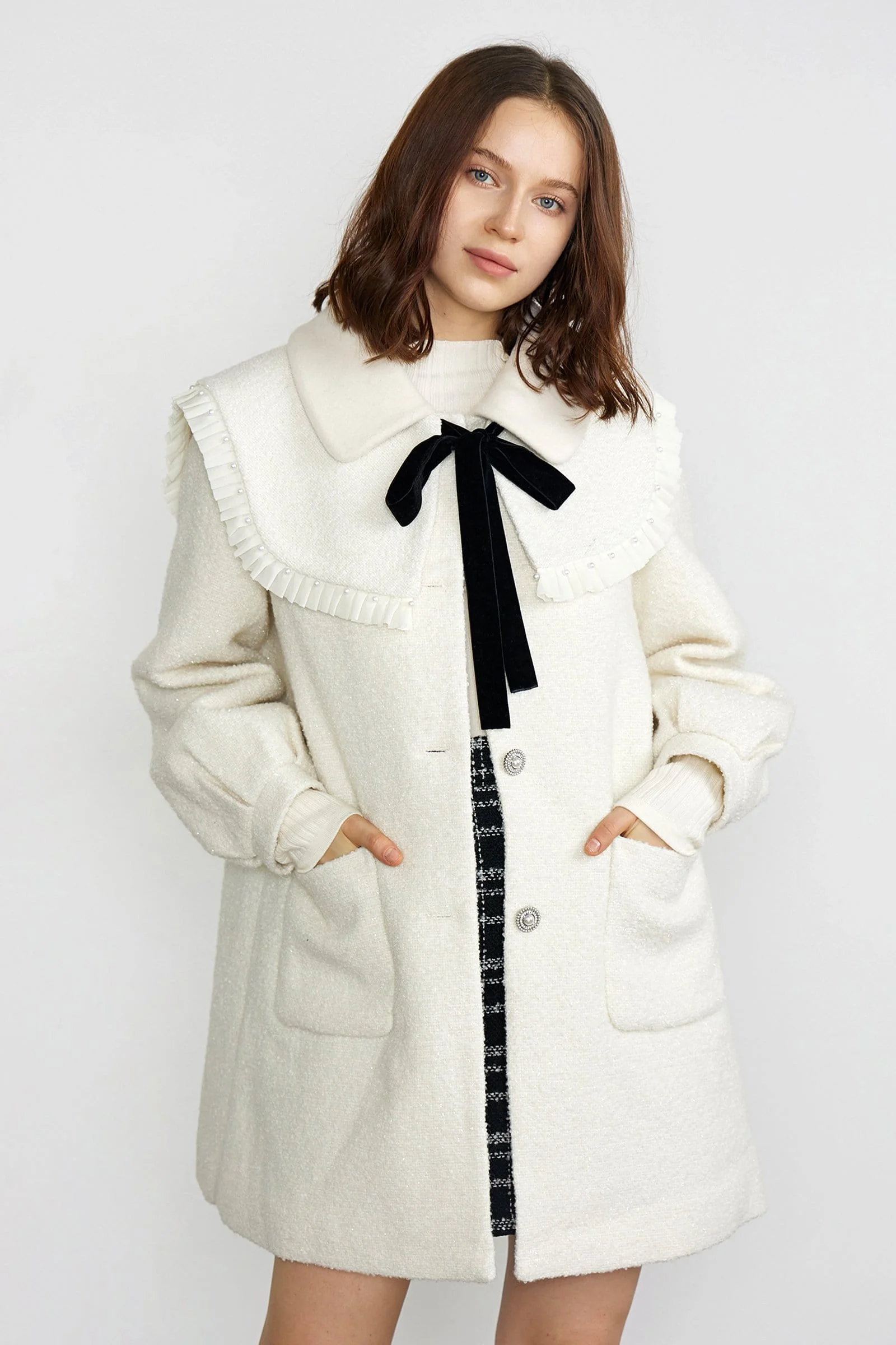 J.ING + Apryl White Premium Wool Frilly Lace Collar Jacket