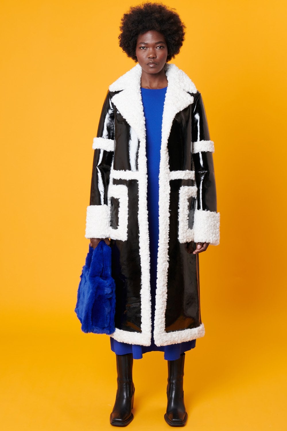 Jayley + Black And White Midi Aviator Jacket In Faux Leather And Faux Fur