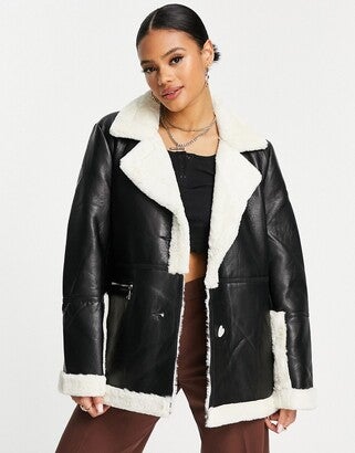 Black contrast faux on sale fur aviator jacket