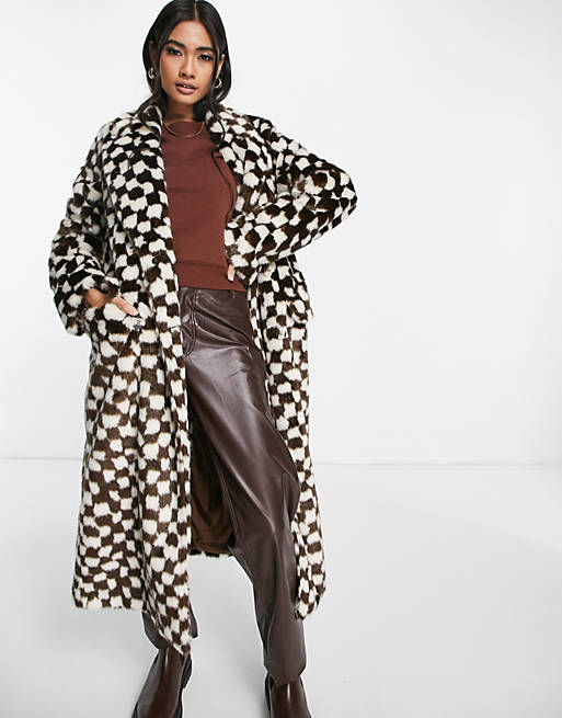 Topshop + Faux Fur Long Coat In Checkerboard Print