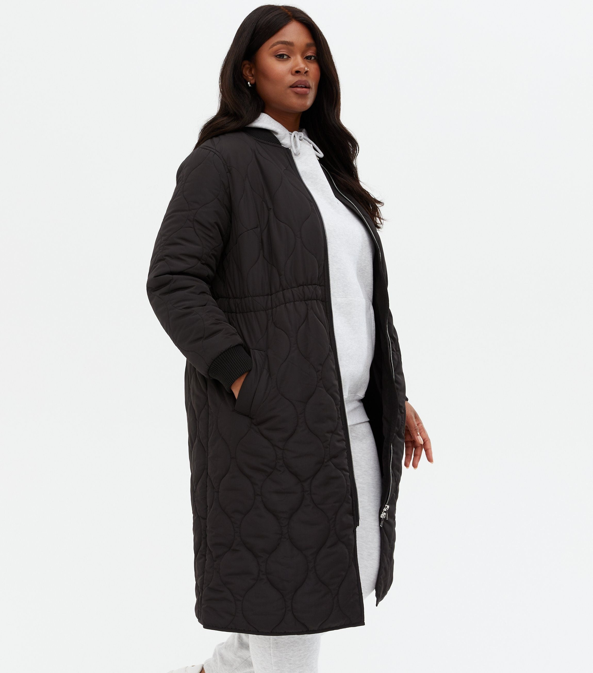 New Look + Curves Black Quilted Long Ruched Bomber Jacket