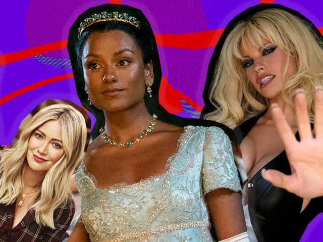 A photo collage including a photo of a brunette woman in a brown leopard print top sitting next to a blonde woman in a red checkered shirt, a photo of a South Asian woman in a blue ballgown and tiara, and a photo of a blonde woman in a black leather top with her hand sticking out to the camera.