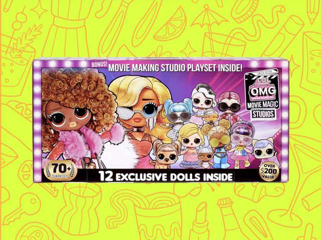 LOL Dolls Movie Magic Studios set over a yellow background with orange line drawings of various objects Money Diarists purchase.