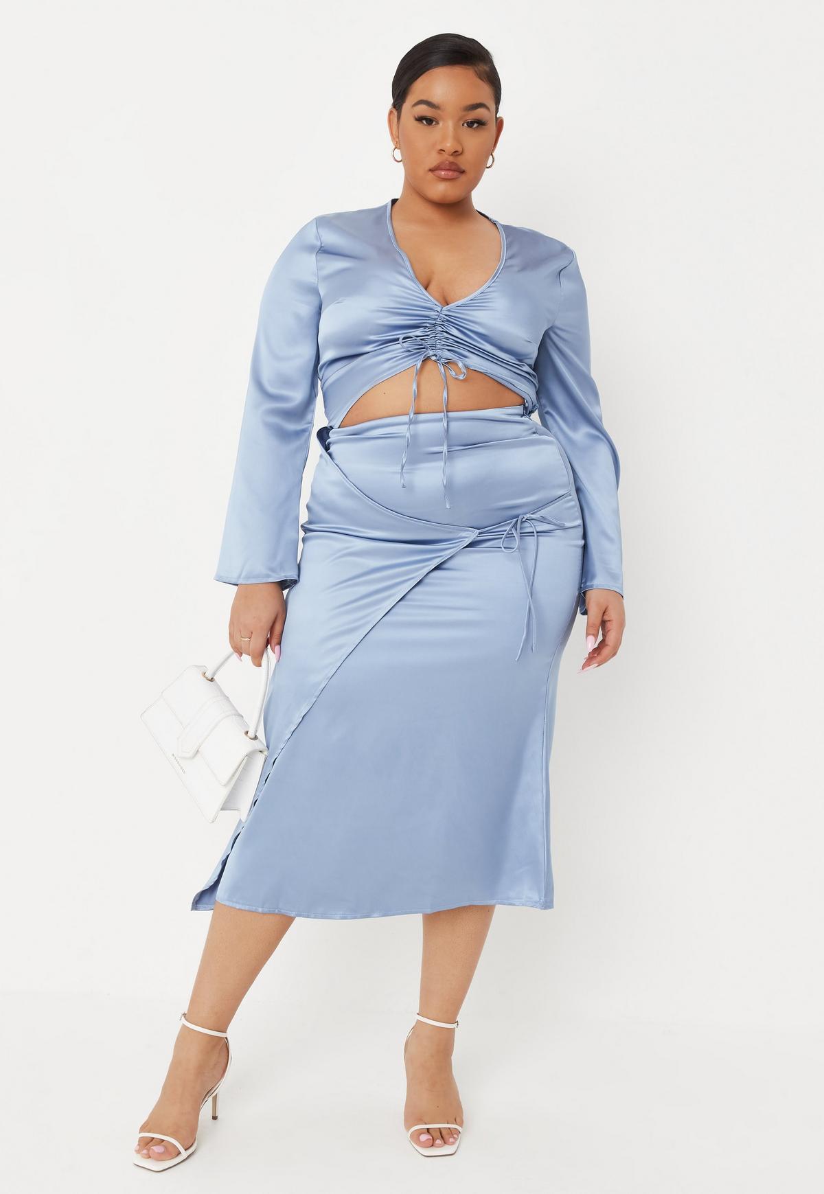 Misguided + Plus Size Blue Co Ord Tie Side Satin Midi Skirt