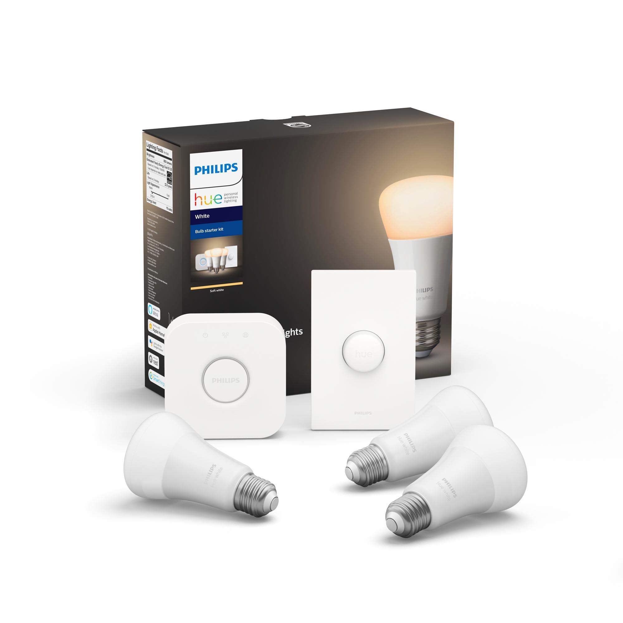 Philips Hue White and Color Ambiance LED Smart Light Bulb Starter Kit 3 A19 Smart Bulbs & 1 Hue Hub Works with Alexa, Apple HomeKit & Google Assistant 