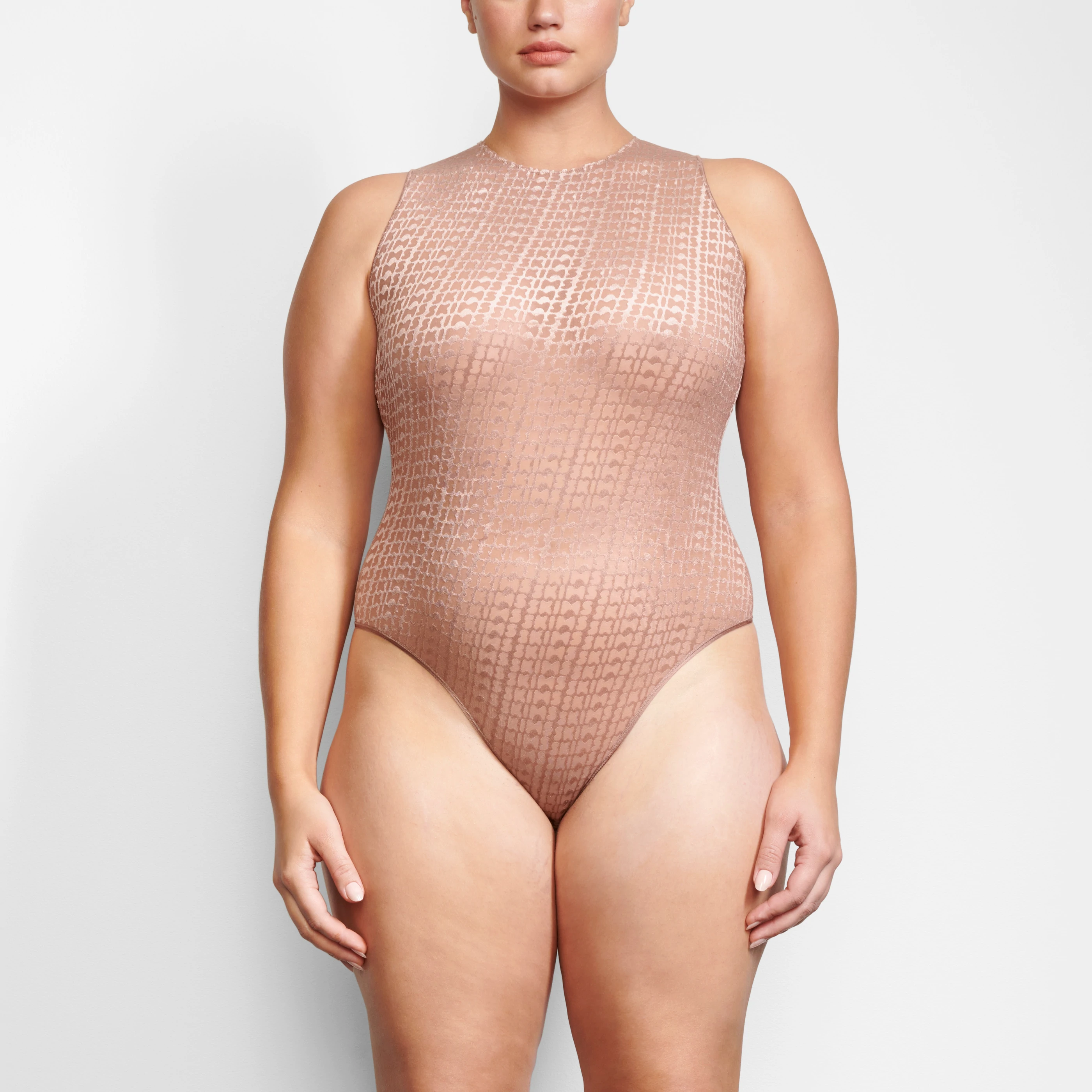 SKIMS, Tops, Skims Sheer Crewneck Thong Bodysuit Sienna