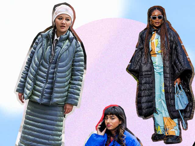 collage of street style outfits featuring quilted puffer jackets