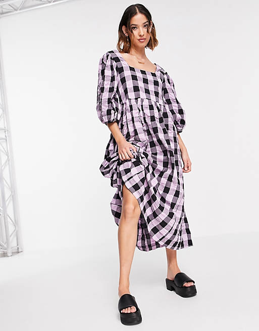 Collusion + Oversize Garden Midi Smock Dress In Purple And Black Gingham