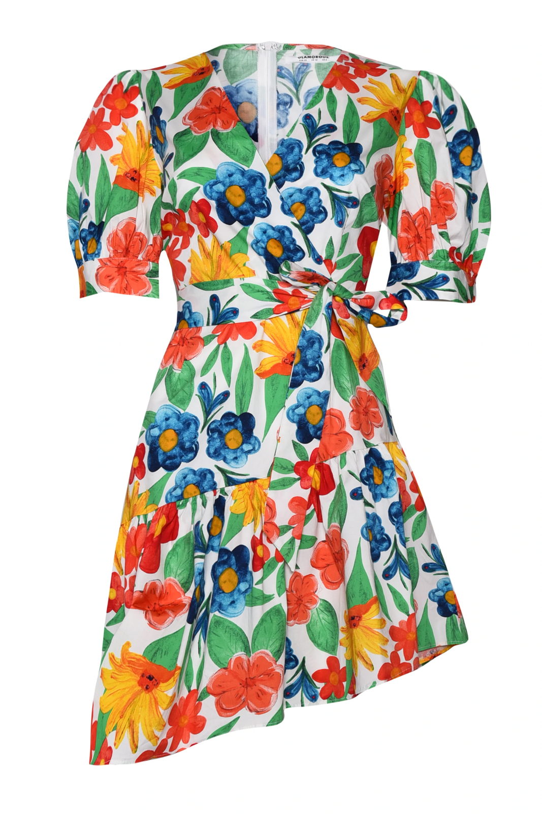 Glamorous + Bright Floral Wrap Puff Shoulder Mini Dress