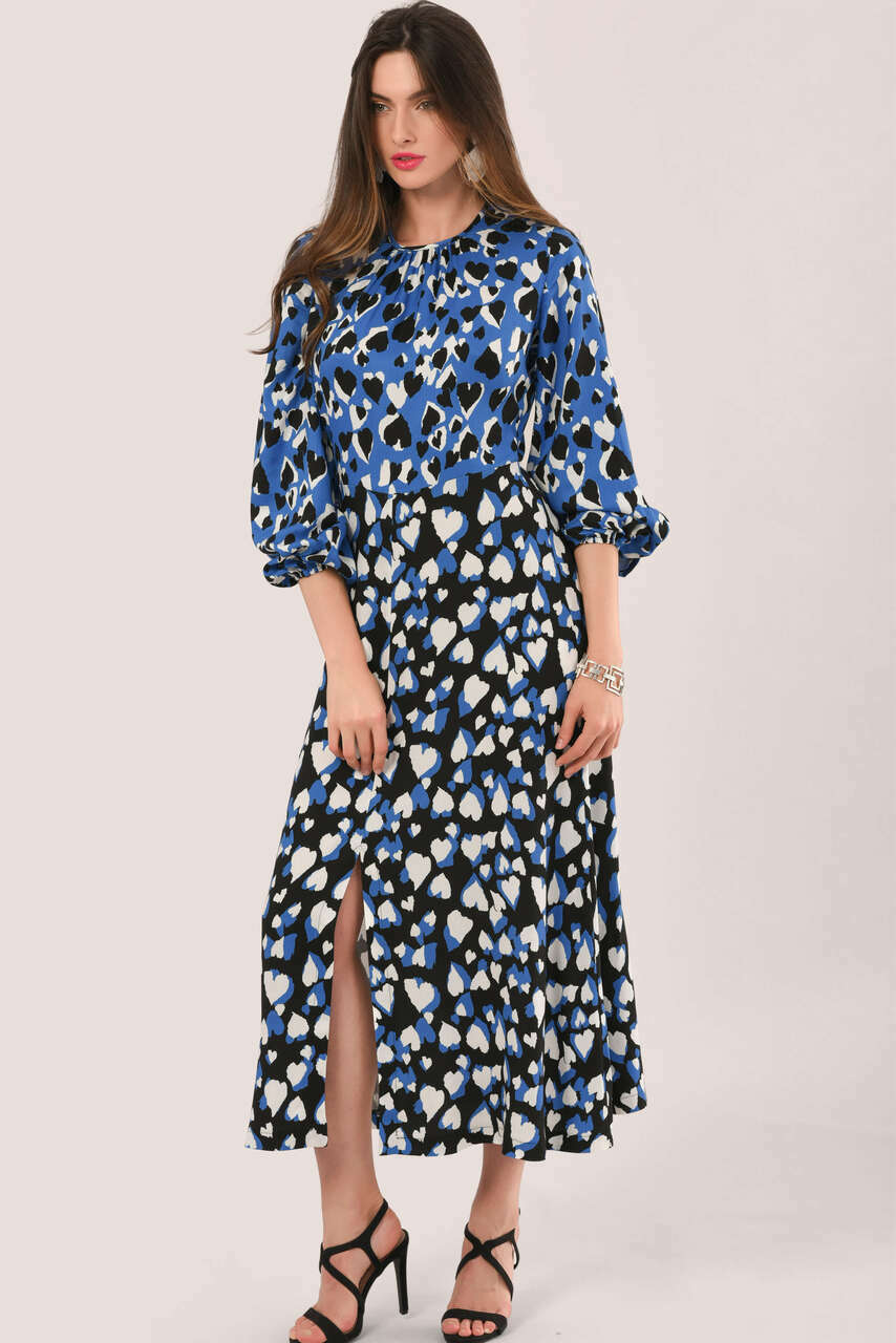 Closet London + Blue Heart Print Puff Sleeve Midi Dress