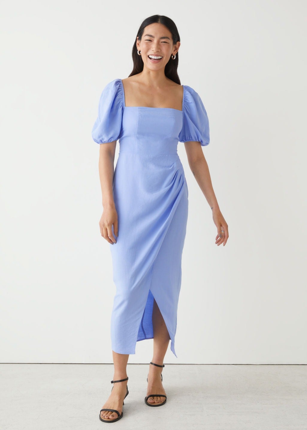 Puff shoulder midi best sale dress