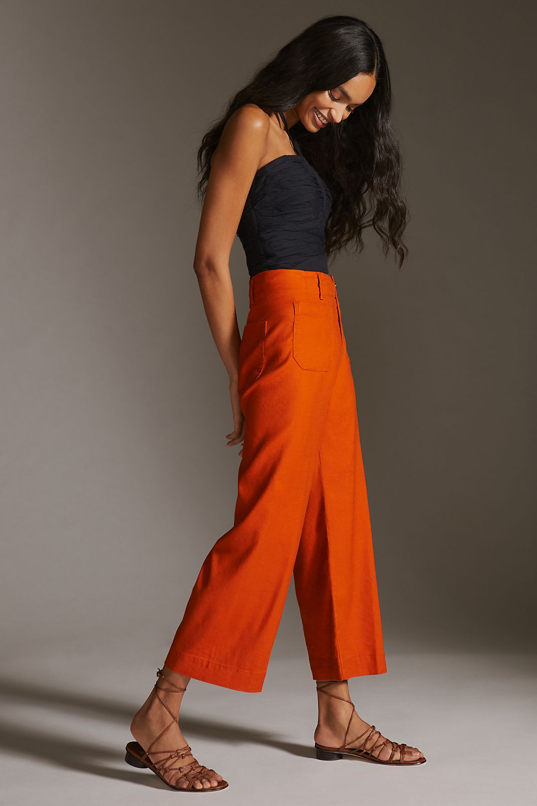 Womens Wide Leg Linen Pants High Waisted Drawstring Linen Flowy Crop Trousers Summer Beach Casual Pants With Pockets