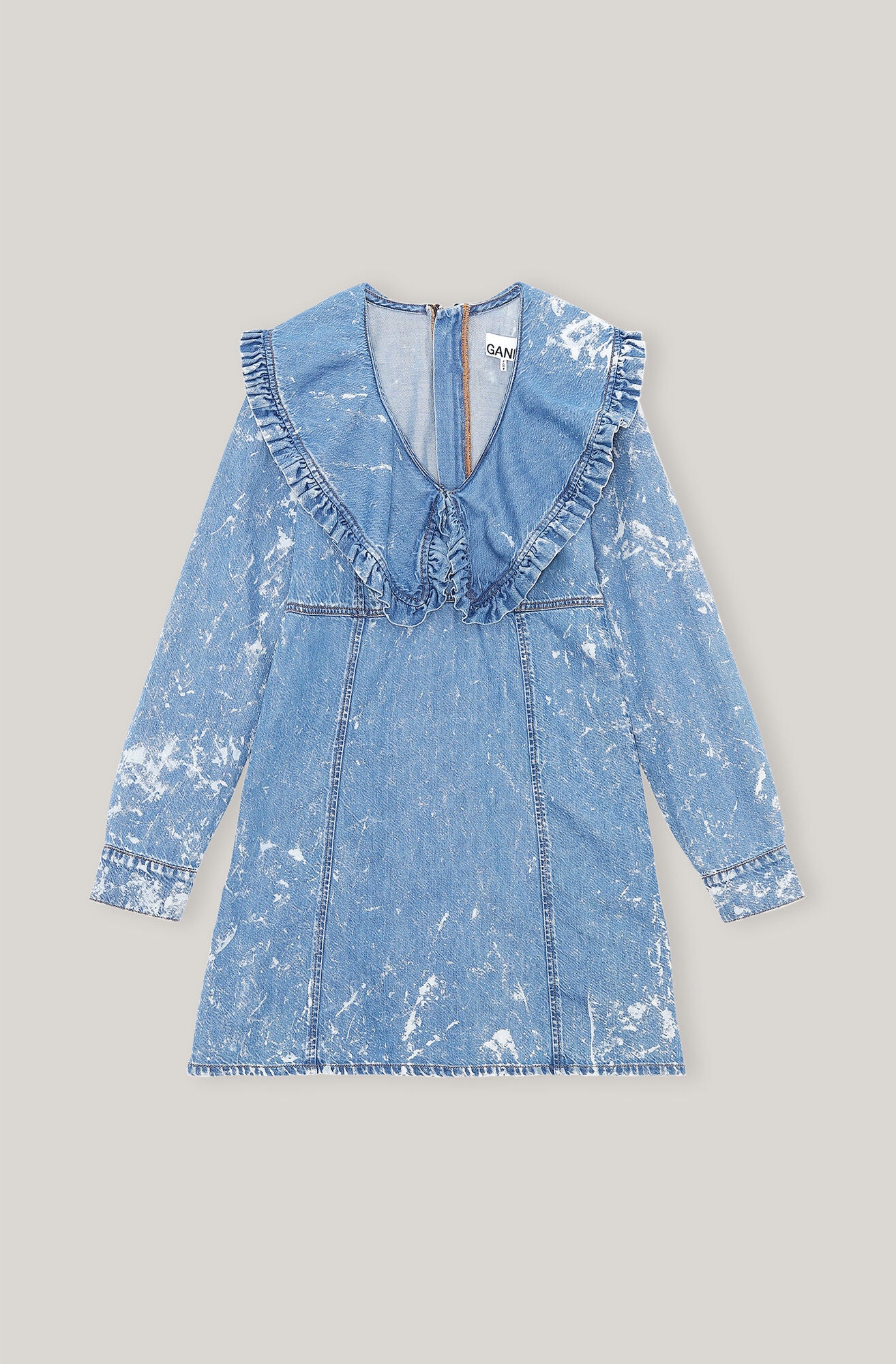 Ganni + Light Bleach Denim V-neck Ruffle Collar Dress