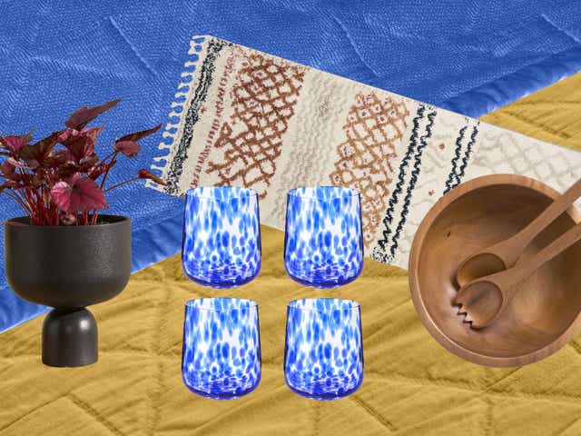 MADE berber-style runner, acacia wood serving bowl and utensils, potted plant and blue tortoiseshell tumblers