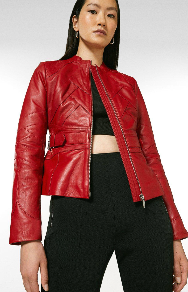 Karen millen red leather jacket hot sale