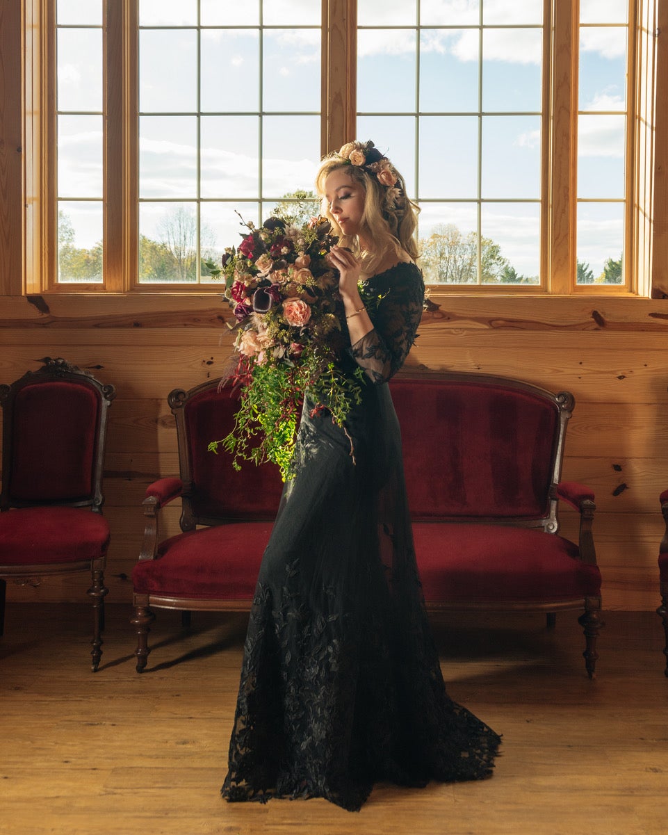 Black Gothic 3D Flower Bridal Gown With Cape Alternative Beaded Train Wedding  Dress – Yelure UK