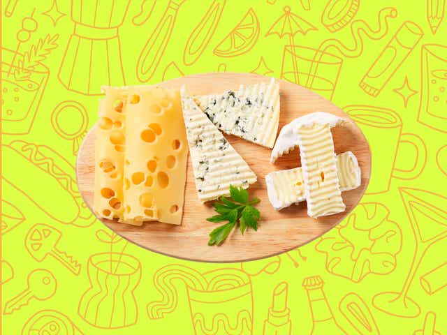a plate of cheese over a yellow background with orange line drawings of various objects Money Diarists purchase.