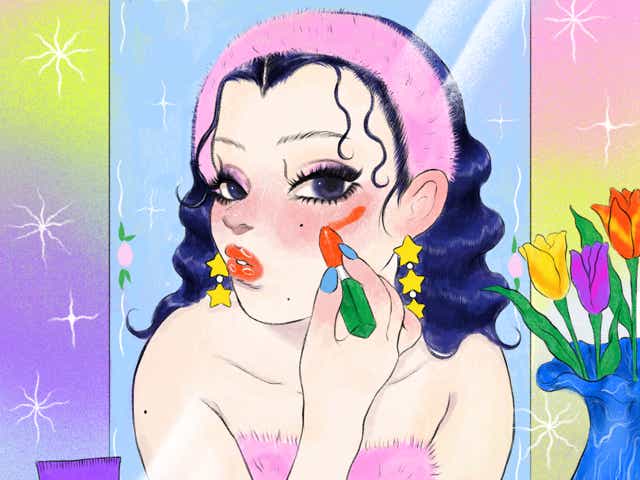 Illustration of a woman looking in the mirror while applying lipstick as blush