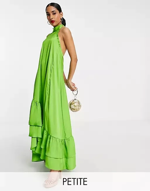 Topshop Petite Ruffle halter midaxi dress in green