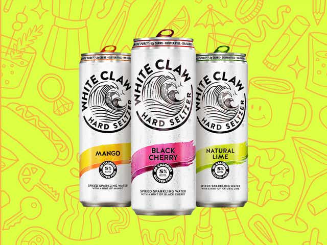 White Claw cans over  a yellow background with orange line drawings of various objects Money Diarists purchase.