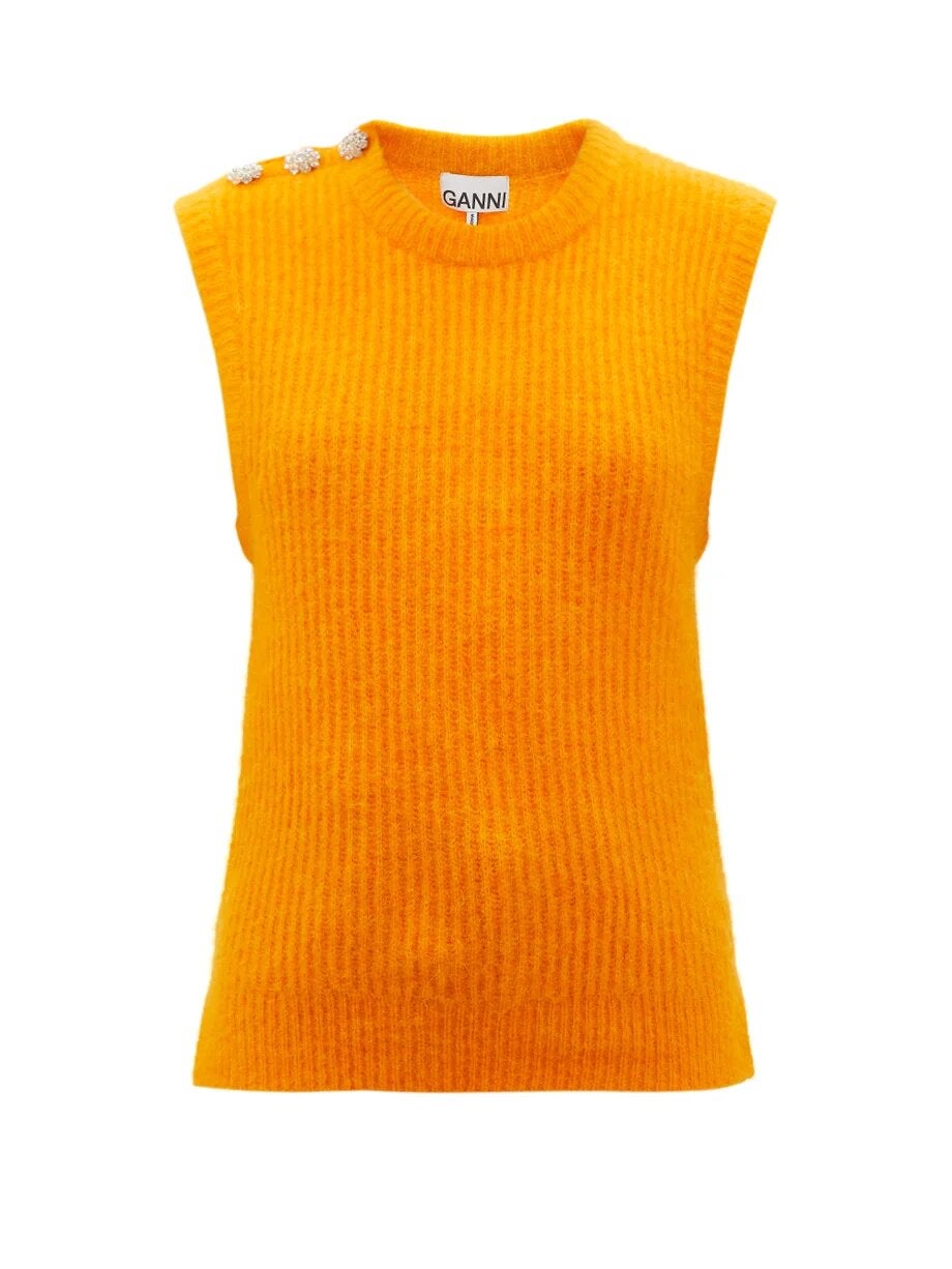 Ganni + Crystal-Button Ribbed Sleeveless Sweater