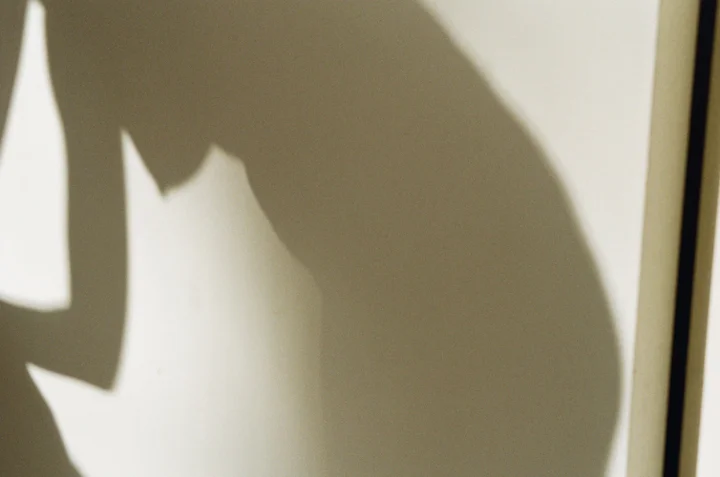 Shadow silhouette of a naked pregnant woman leaning over – her breast and stomach outline are visible.
