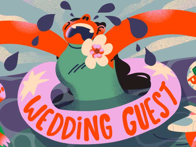 An illustration of a wedding guest floating in water with a life preserver