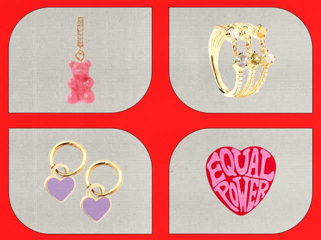 Collage with product shots of a pink bear pendant, equal power heart ring and purple heart earrings