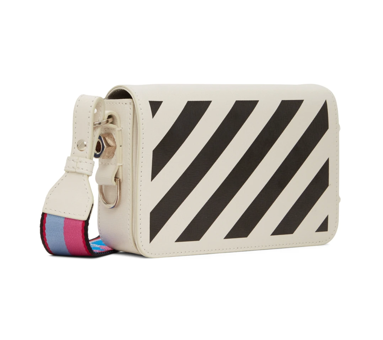 Off-White Pink/White Diagonal Striped Leather Flap Crossbody Bag