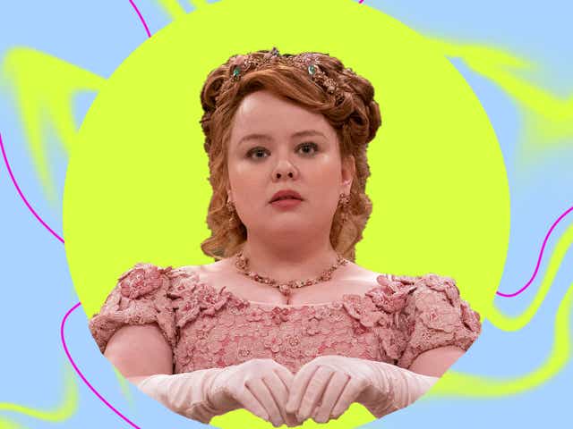 A picture of Nicola Coughlan (Penelope Featherington) of Bridgerton against a blue and yellow background