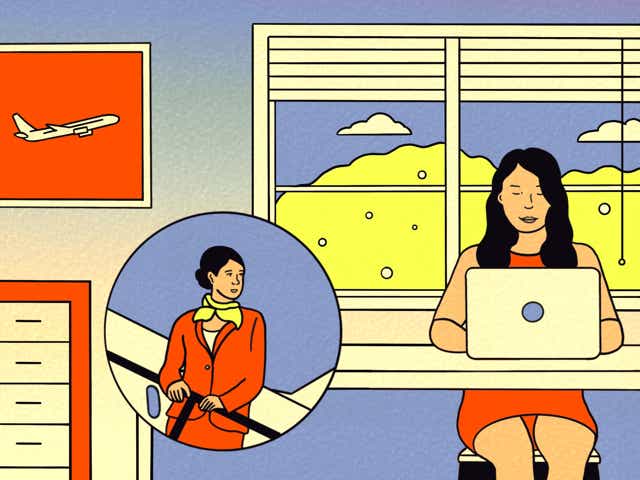 Illustration of a woman using a laptop in front of a window surrounded by shapes with images of an airplane, flight attendant and money
