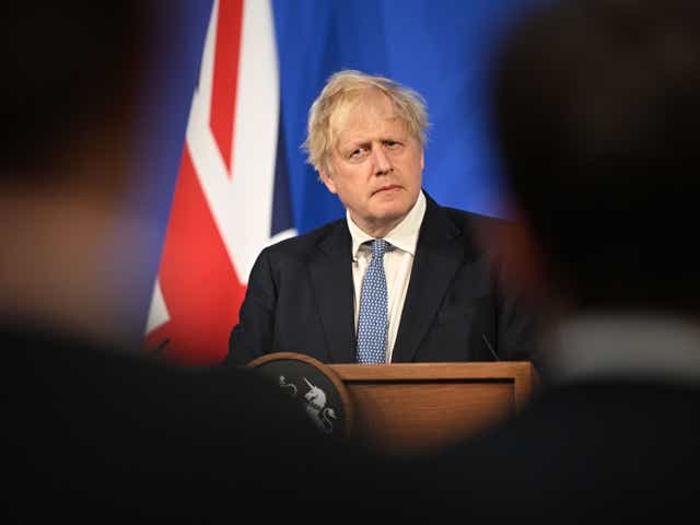 Prime Minister Boris Johnson holds a press conference in response to the publication of the Sue Gray report Into "Partygate" at Downing Street on May 25, 2022
