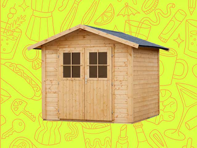 a shed over a yellow background with orange line drawings of various objects Money Diarists purchase.