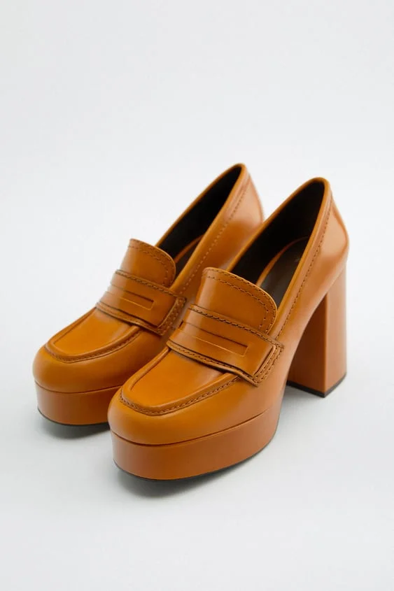 Zara + High Heel Leather Platform Loafers
