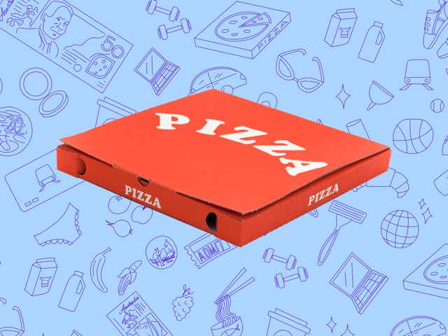 A red pizza box against a blue background