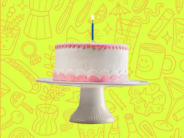 a cake over a yellow background with orange line drawings of various objects Money Diarists purchase.