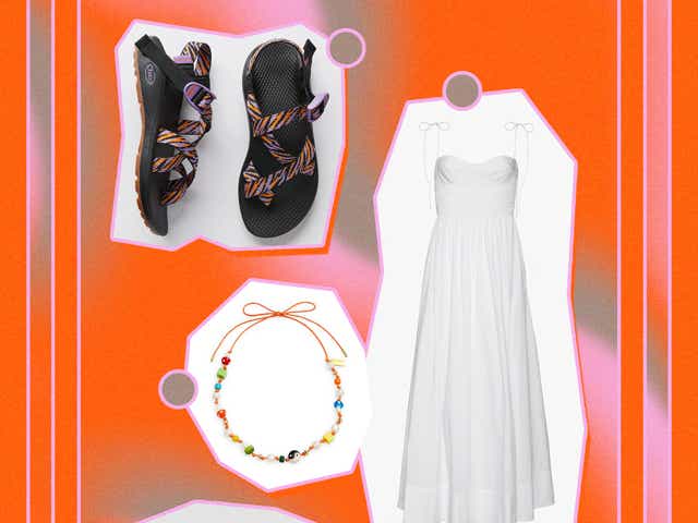 Image of Chaos sandals, beaded necklace, white maxi sundress, and sunglasses