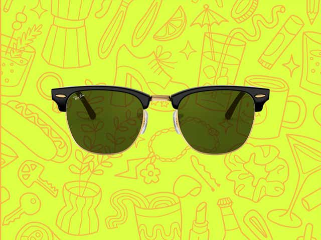 ray ban sunglasses over a yellow background with orange line drawings of various objects Money Diarists purchase.
