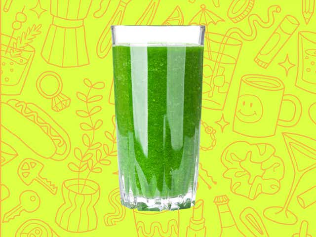 A green smoothie over a yellow background with orange line drawings of various objects Money Diarists purchase.