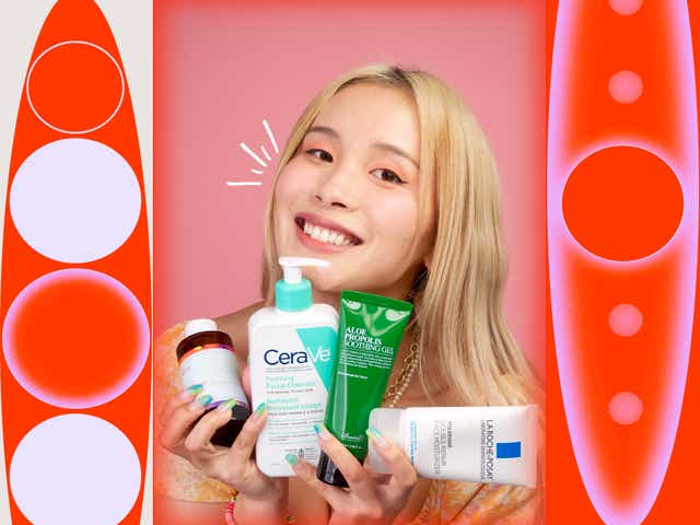 Cathy on Skincare holding various beauty products