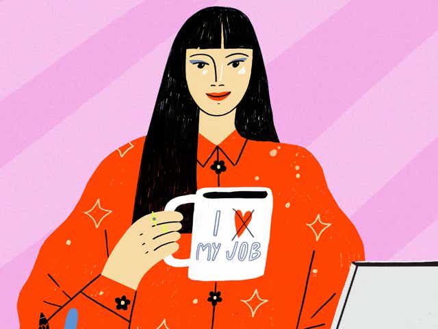 illustration of a person at their desk with an 'I hate my job' mug