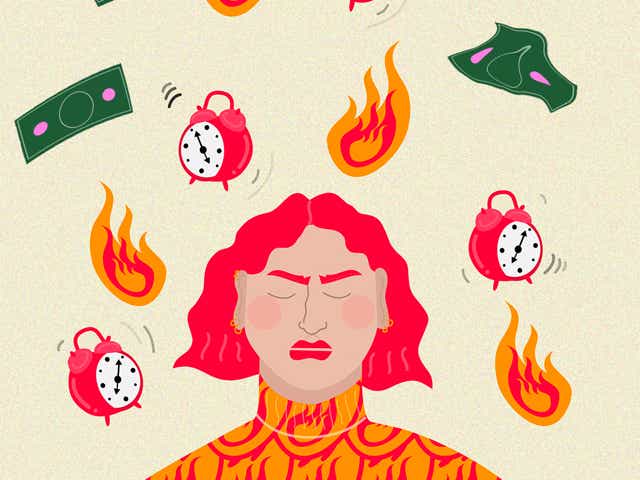 illustration of a person surrounded by clocks, fire and money