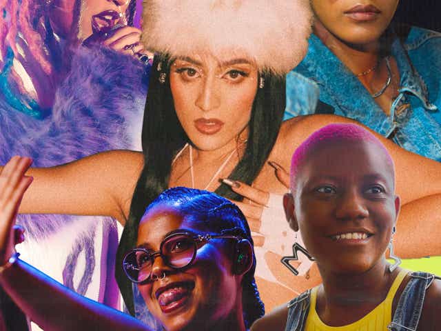 A collage of queer Latine artists Villano Antillano, Gloria Groove, Tokischa, Mabiland and Red 6xteen.